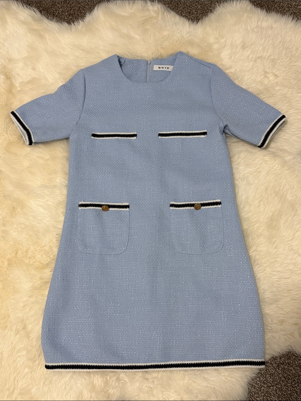 Women Dress Korean Chic Summer Round Neck Contrast Color Trim Pocket Loose Tweed